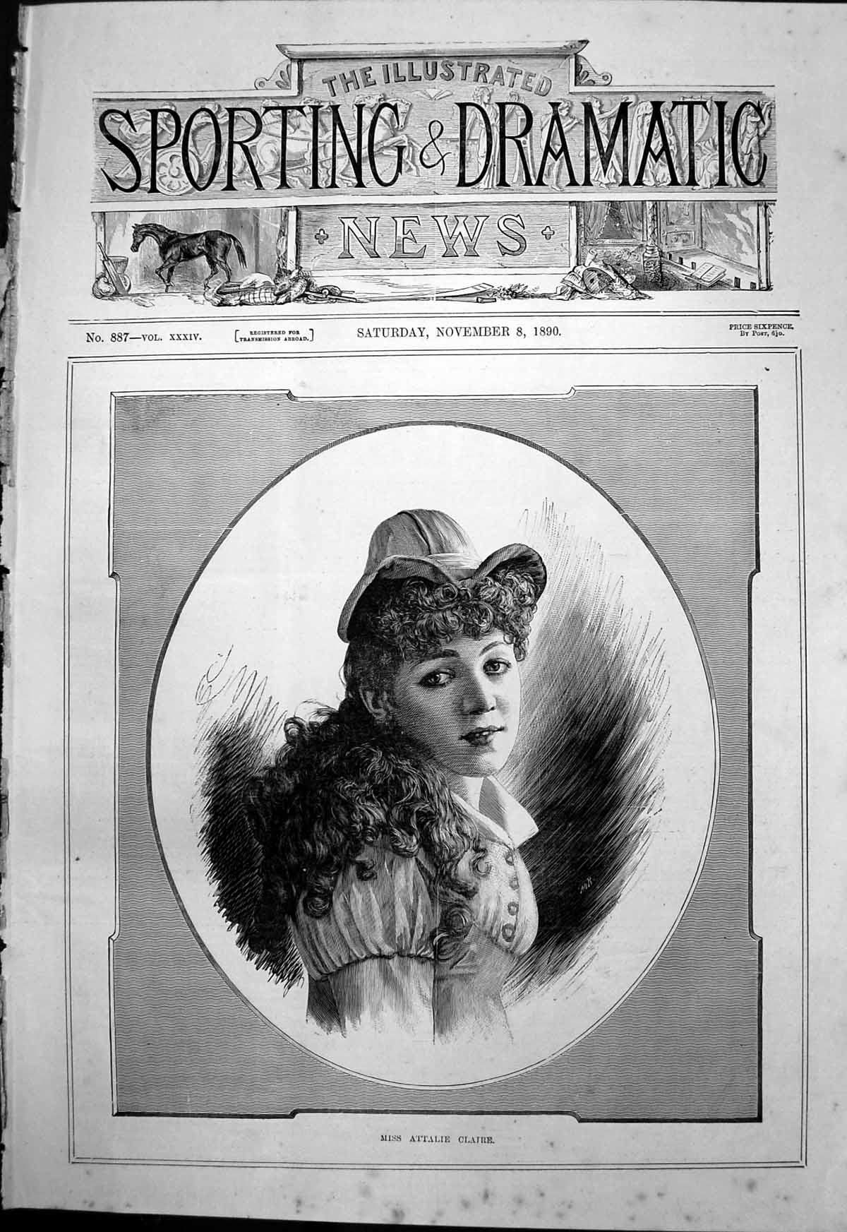 Original Old Antique Print Portrait Miss Attalie Claire 1890 19th