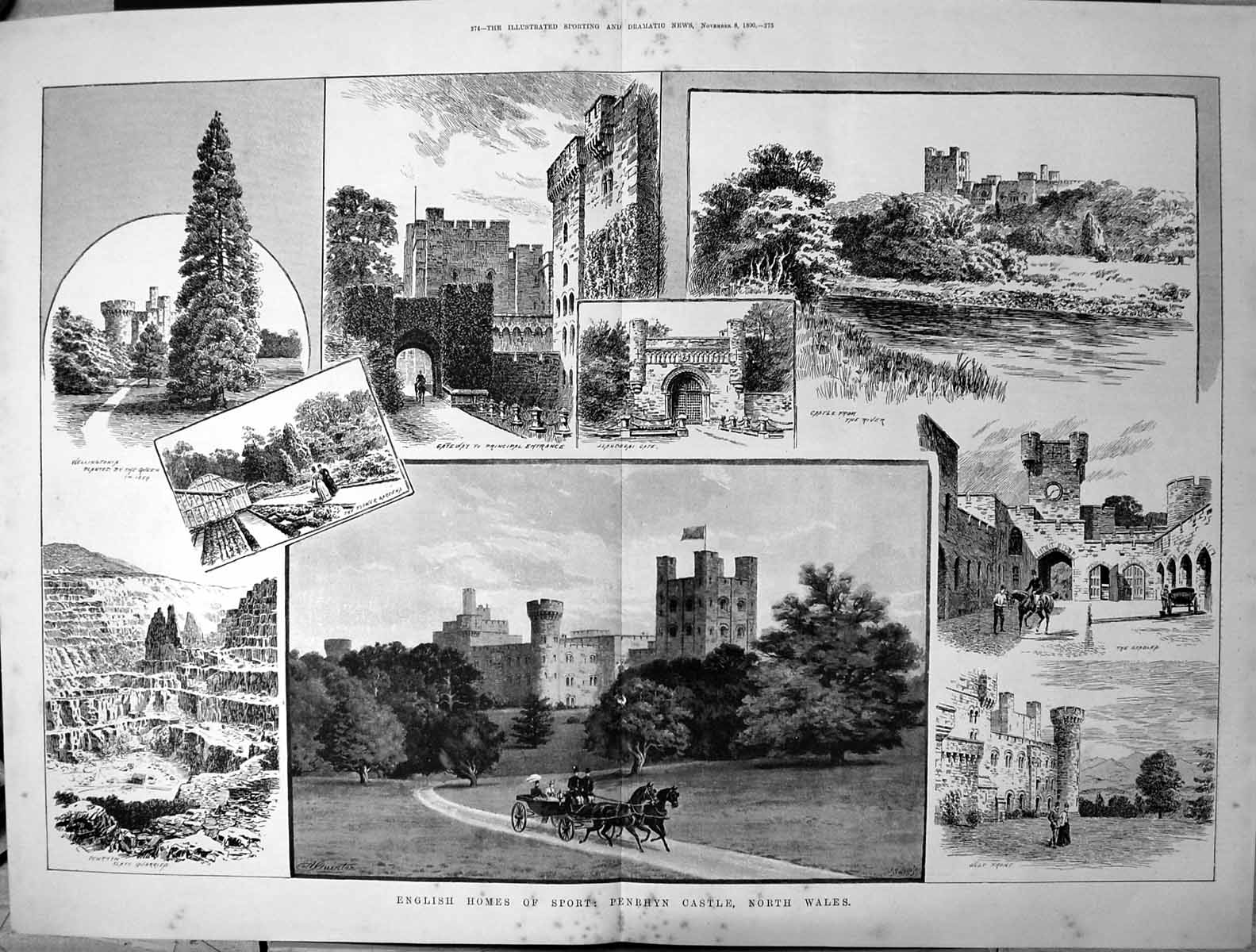 Antique Old Print English Homes Sport Penrhyn Castle North Wales Gateway 1890