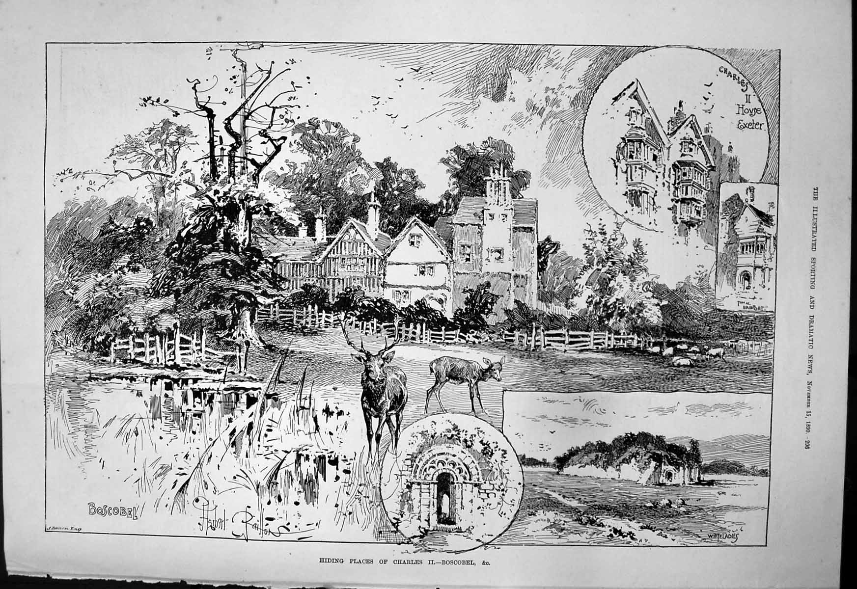 Old Print Hiding Places Charles Ii Boscobel Whiteladies Inn Bridport 1890 19th