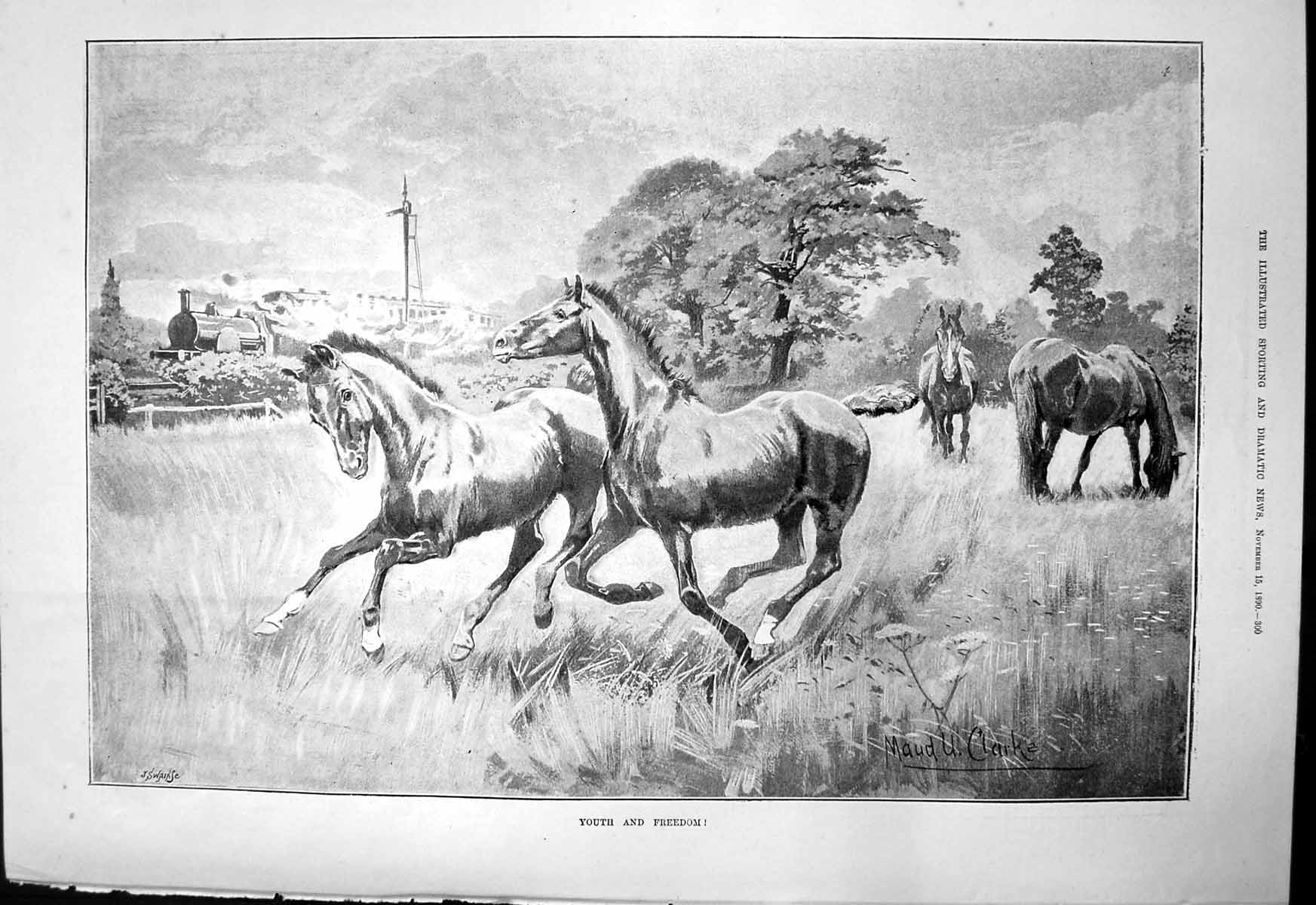 Antique Old Print Youth Freedom Maud Clarke Horses Field Train Passing 1890