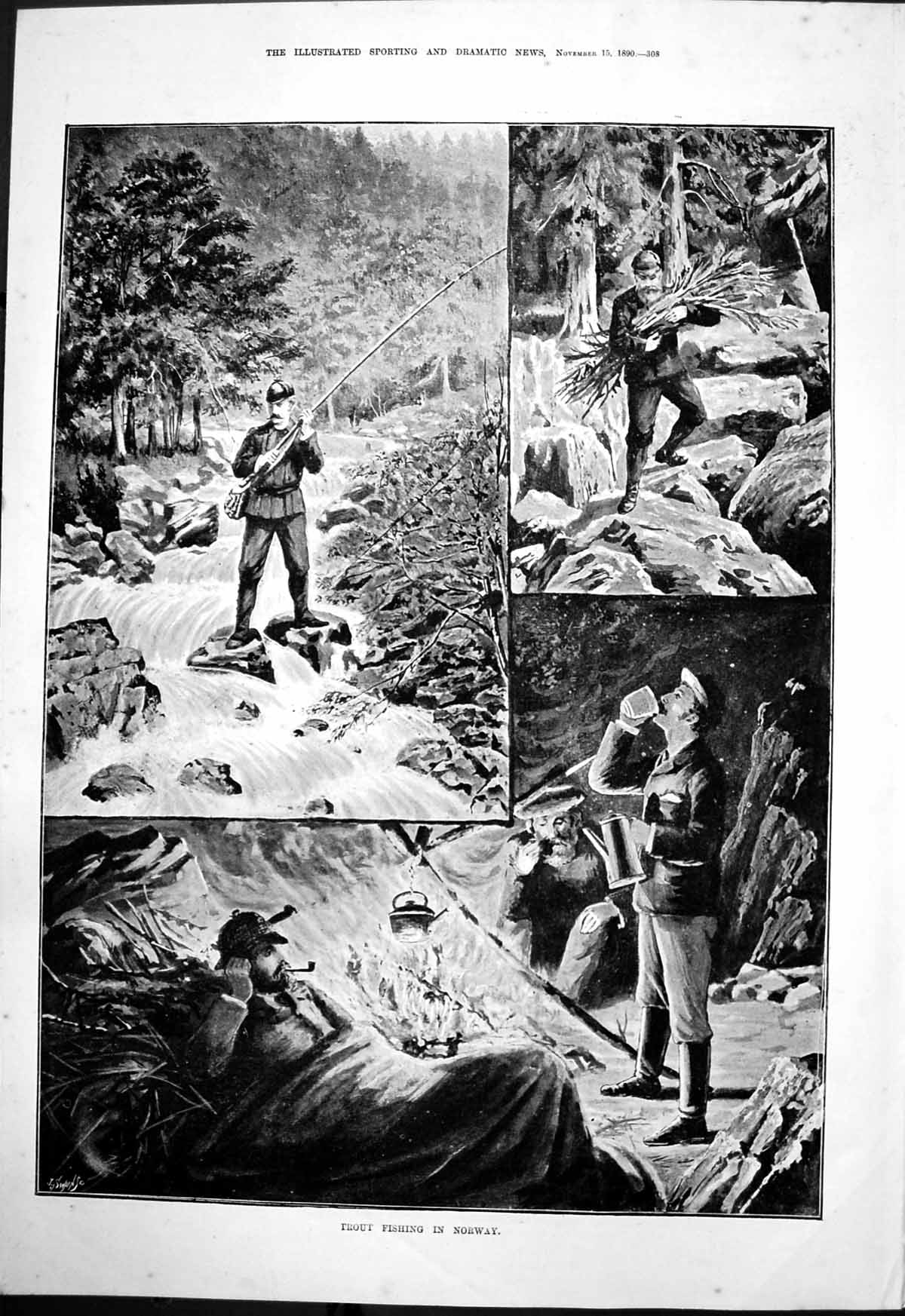 Old Trout Fishing Norway J Swain Standing Stones River Camp Fire 1890 Victorian