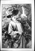 Antique Print Blackberrying P Naumann Lady Hat Gathering Blackberries 1890 19th