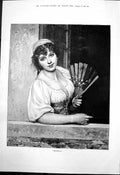 Original Old Antique Print Graziella Lady Dark Curly Hair Hing Fan Window 1890