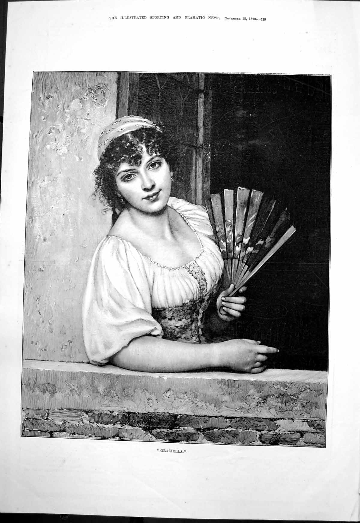 Original Old Antique Print Graziella Lady Dark Curly Hair Hing Fan Window 1890