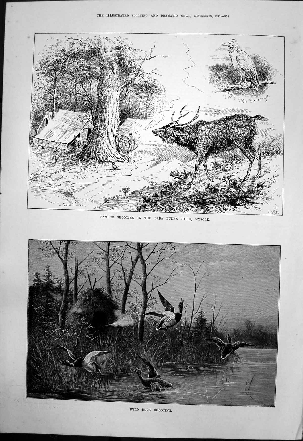 Old Print Wild Duck Shooting Sambur Shooting Baba Buden Hills Mysore 1890 19th