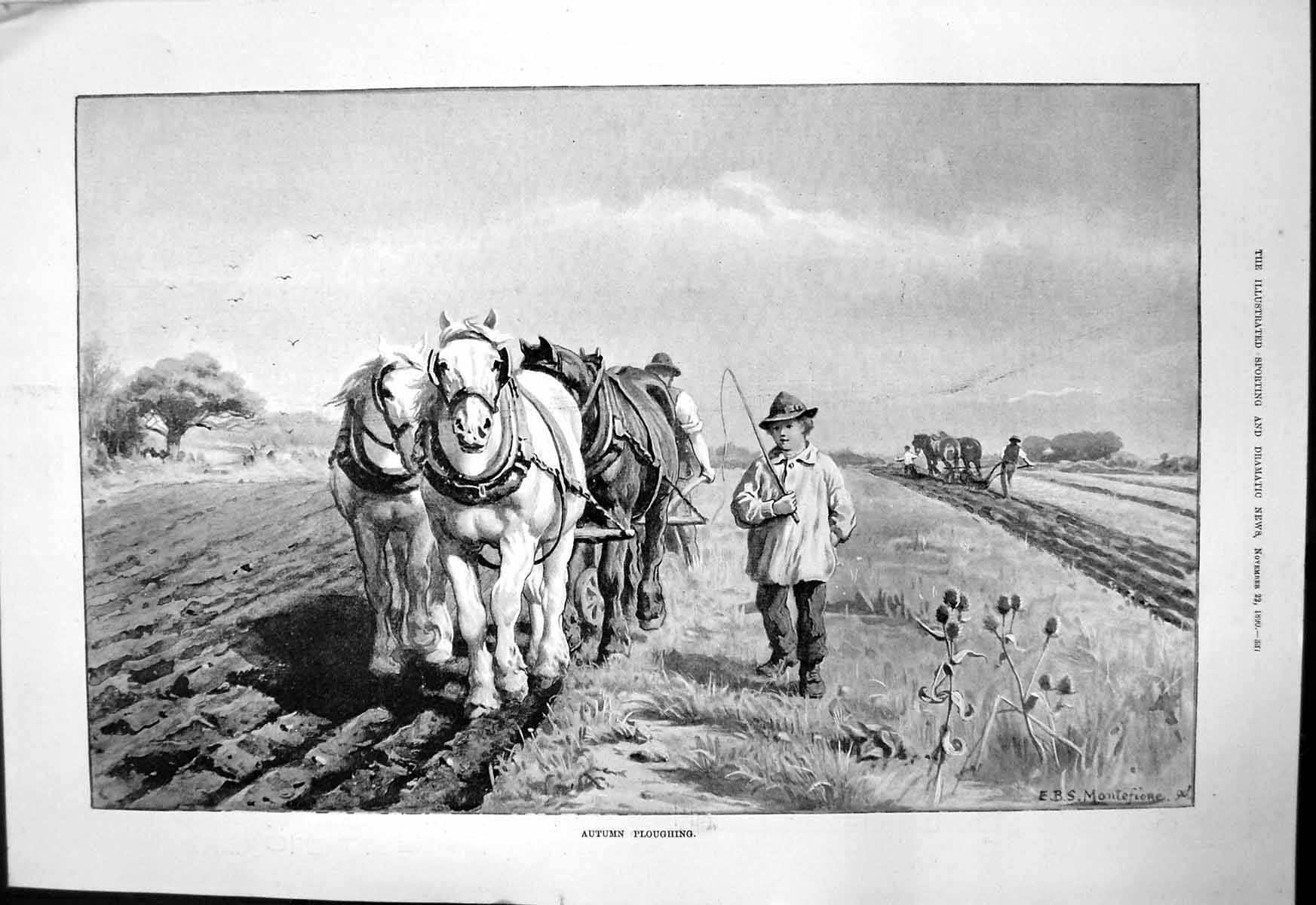 Antique Old Print Autumn Ploughing E Montefiore Horses Pulling Ploygh 1890 19th
