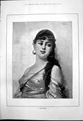 Antique Print Portrait Shepherdess Jungheim Young Woman Long Dark Hair 1890