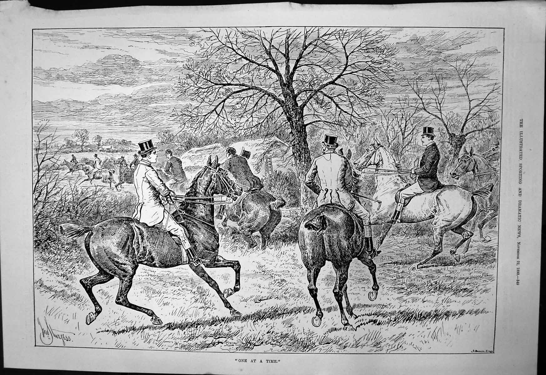 Antique Old Print One At A Time J Sturgess Horses Riders Crossing Hedge 1890
