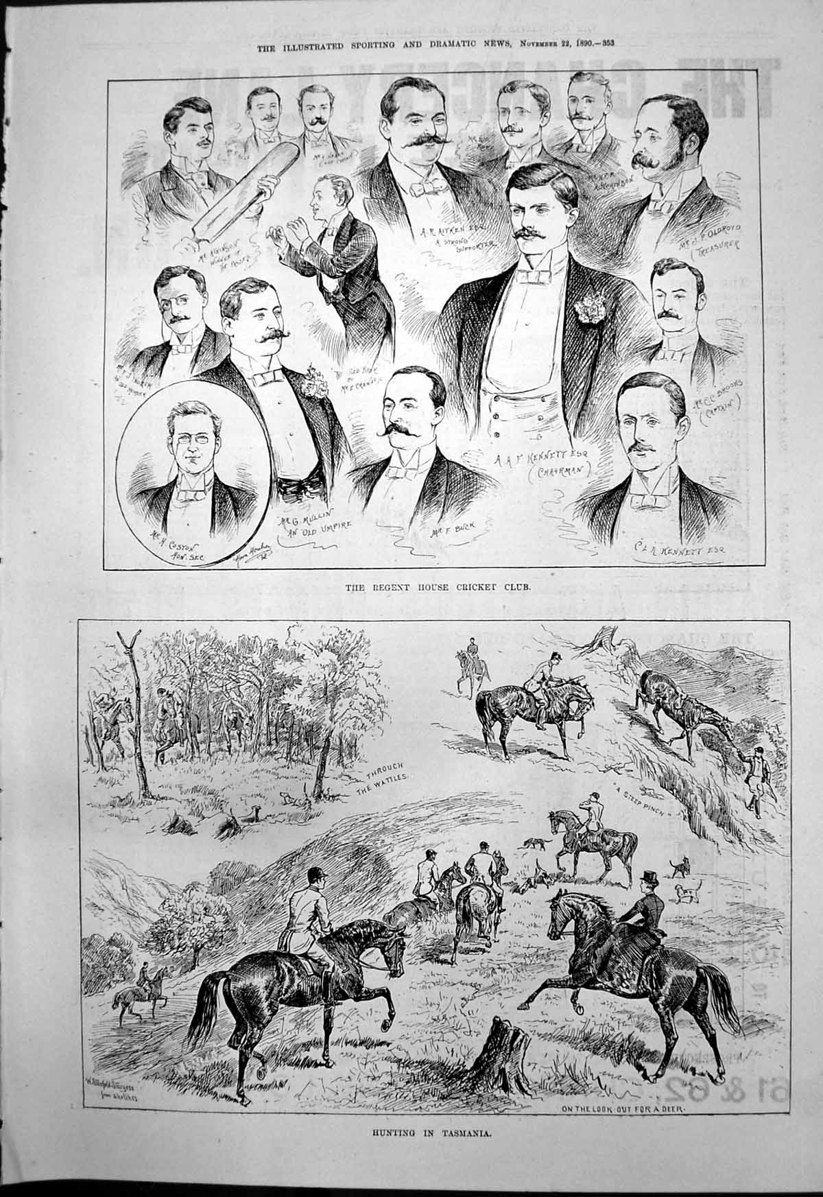 Antique Old Print Regent House Cricket Club Hunting Tasmania Horses Deer 1890