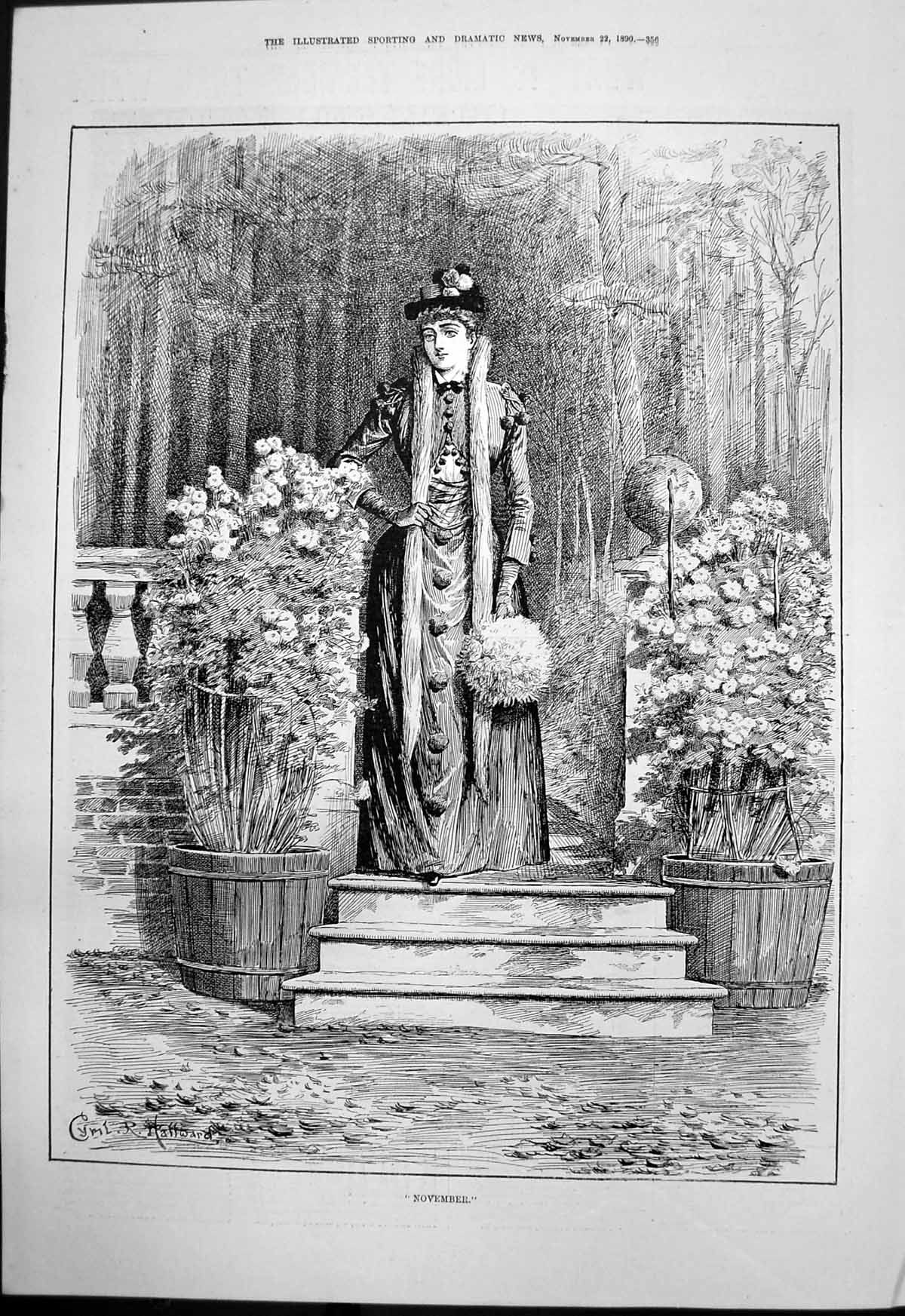 Antique Print November Cyril Hallward Woman Steps Garden Tubs Flowers 1890 19th