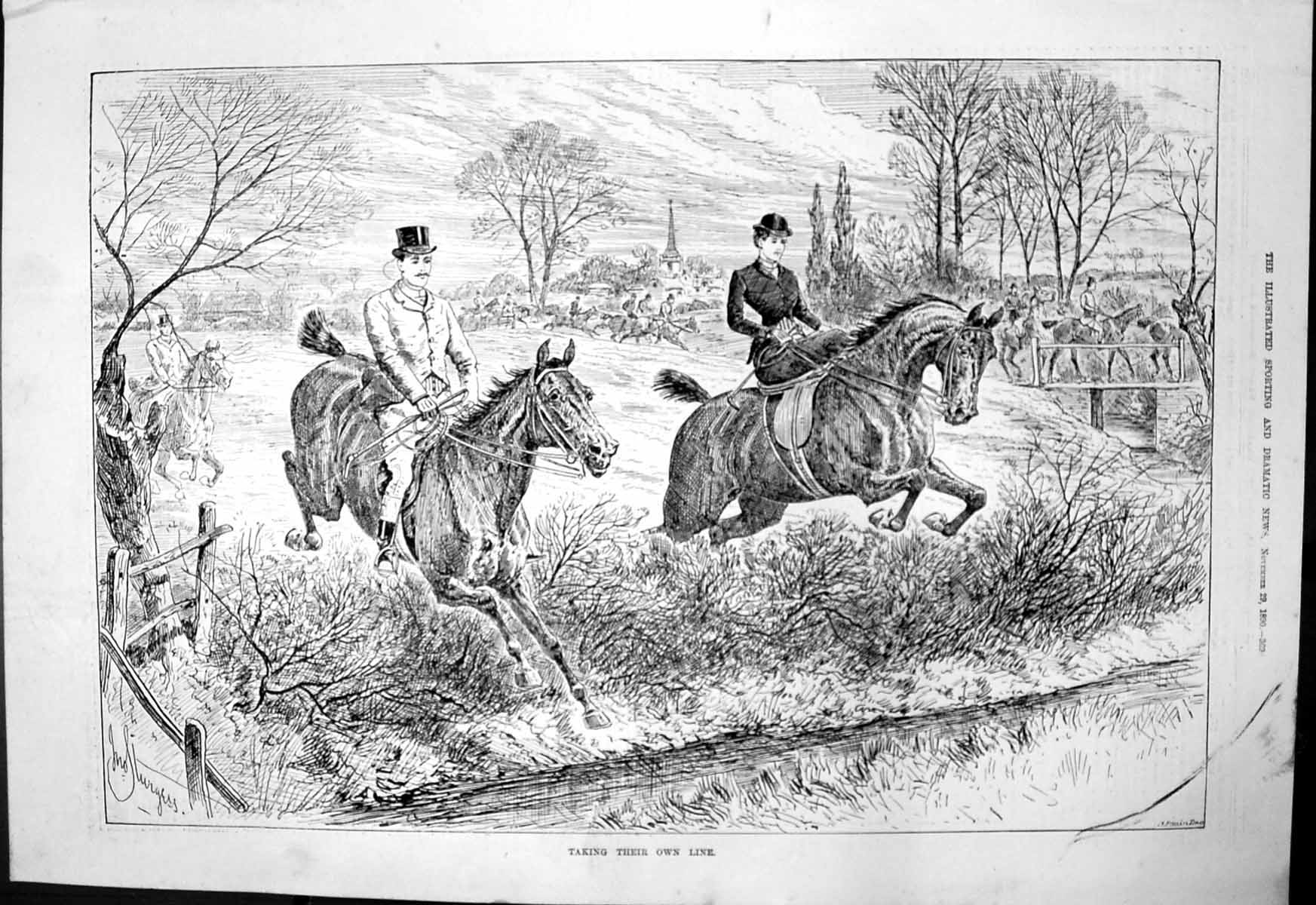 Antique Old Print Taking Their Own Line J Sturgess Horses Jumoing Hedge 1890
