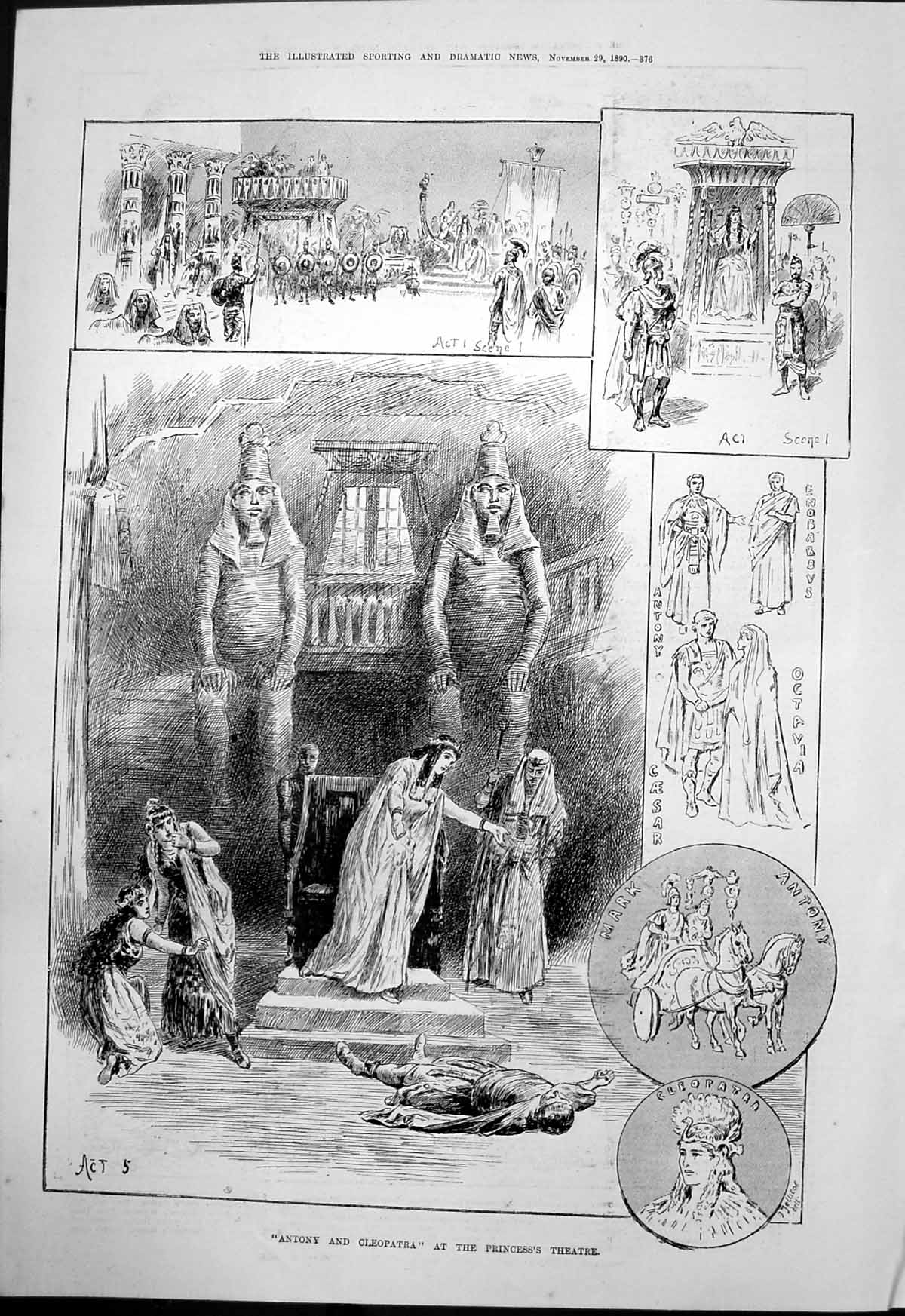 Antique Old Print Antony And Cleopatra Princess Theatre Caesar Octavia 1890
