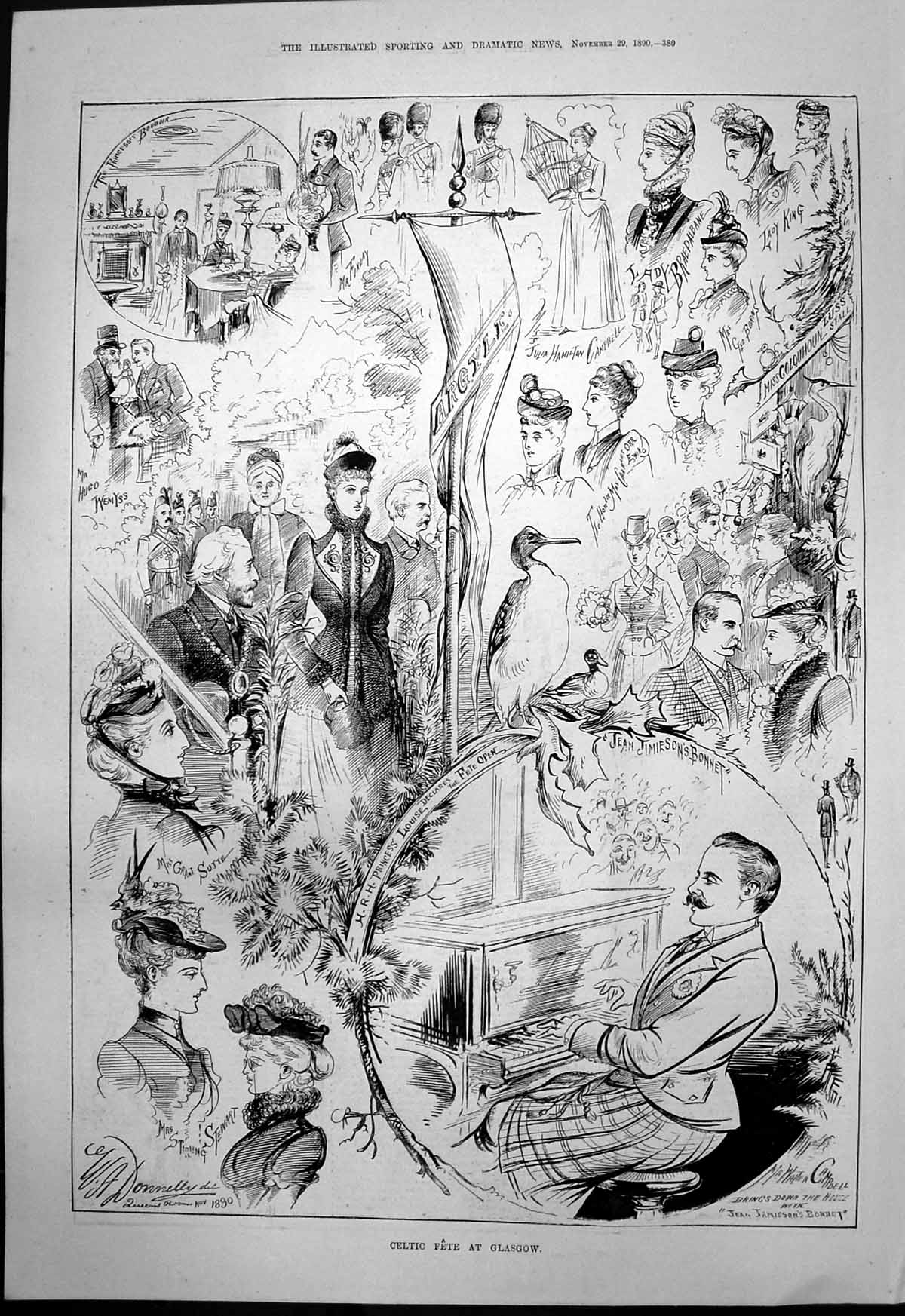 Old Print Celtic Fete Glasgow Harpsichord Dr H Parry London Symphony 1890 19th