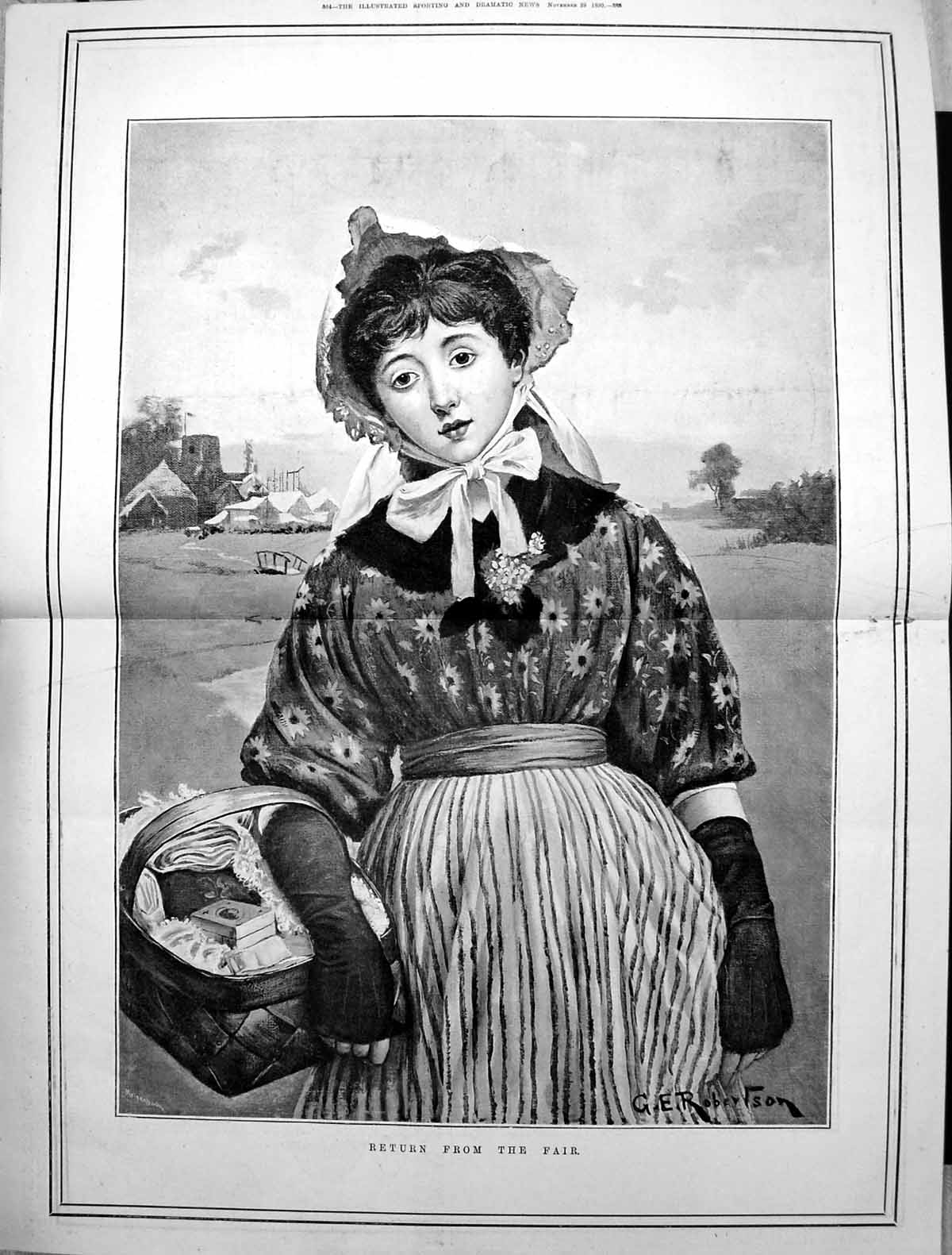 Original Old Antique Print Return From The Fair G E Robertson Girl Basket 1890