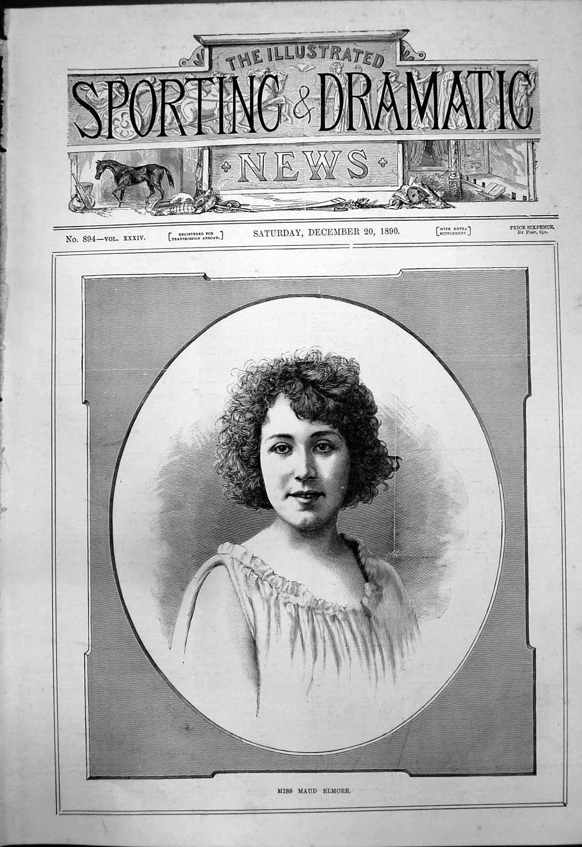 Original Old Antique Print Portrait Miss Maud Elmore 1890 19th