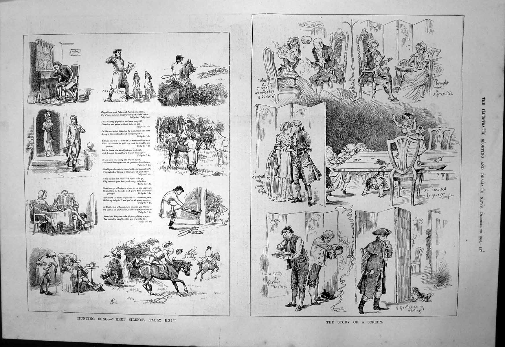 Old Antique Print Hunting Song Keep Silence Tally Ho Story A Screen 1890 19th