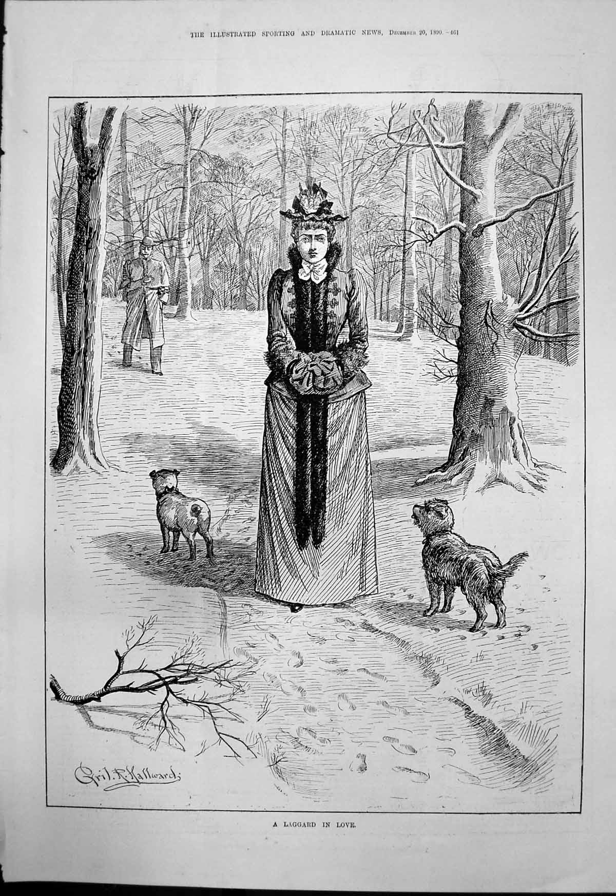 Antique Old Print Laggard In Love Cyril Hallward Man Lady Two Dogs Woods 1890