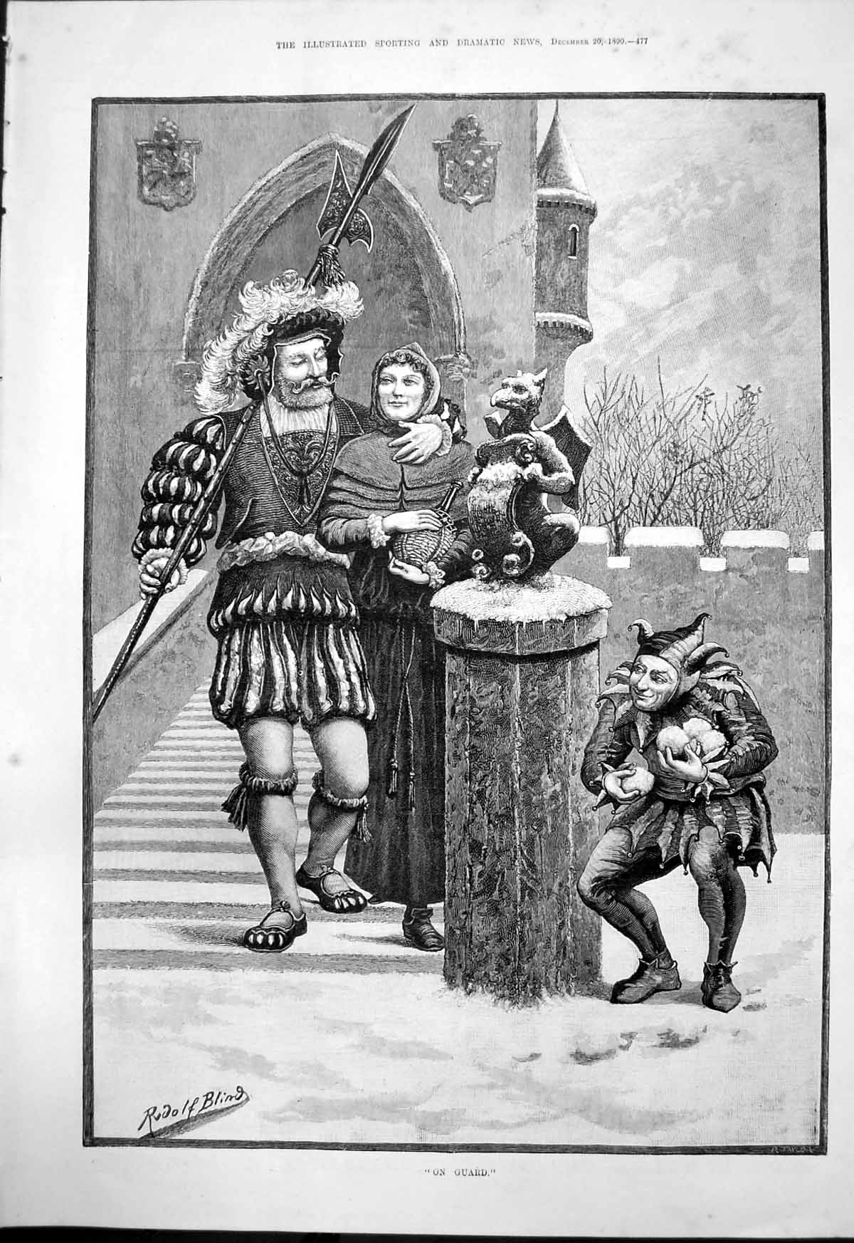 Old Antique Print On Guard Rudolf Blind Castle Snow Man Woman Joker 1890 19th