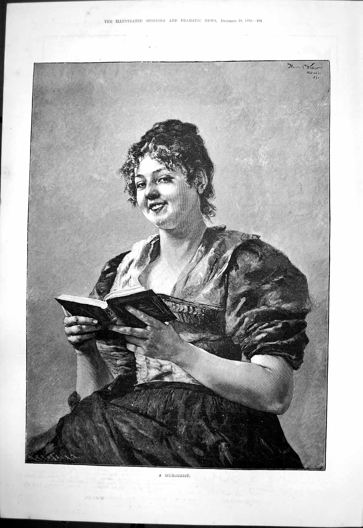 Original Old Antique Print Humourist Woman Reading Book Smiling 1890 Victorian