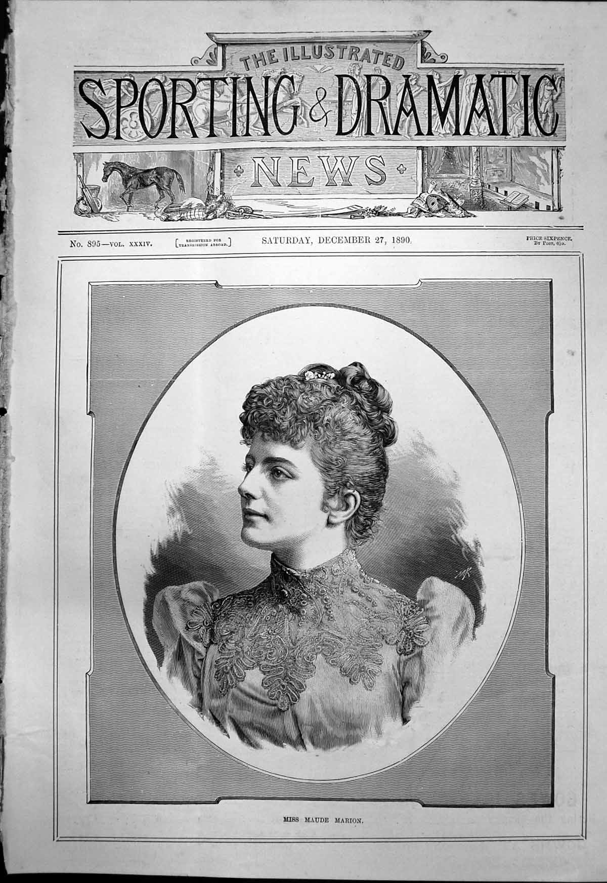 Original Old Antique Print Portrait Miss Maude Marion 1890 19th