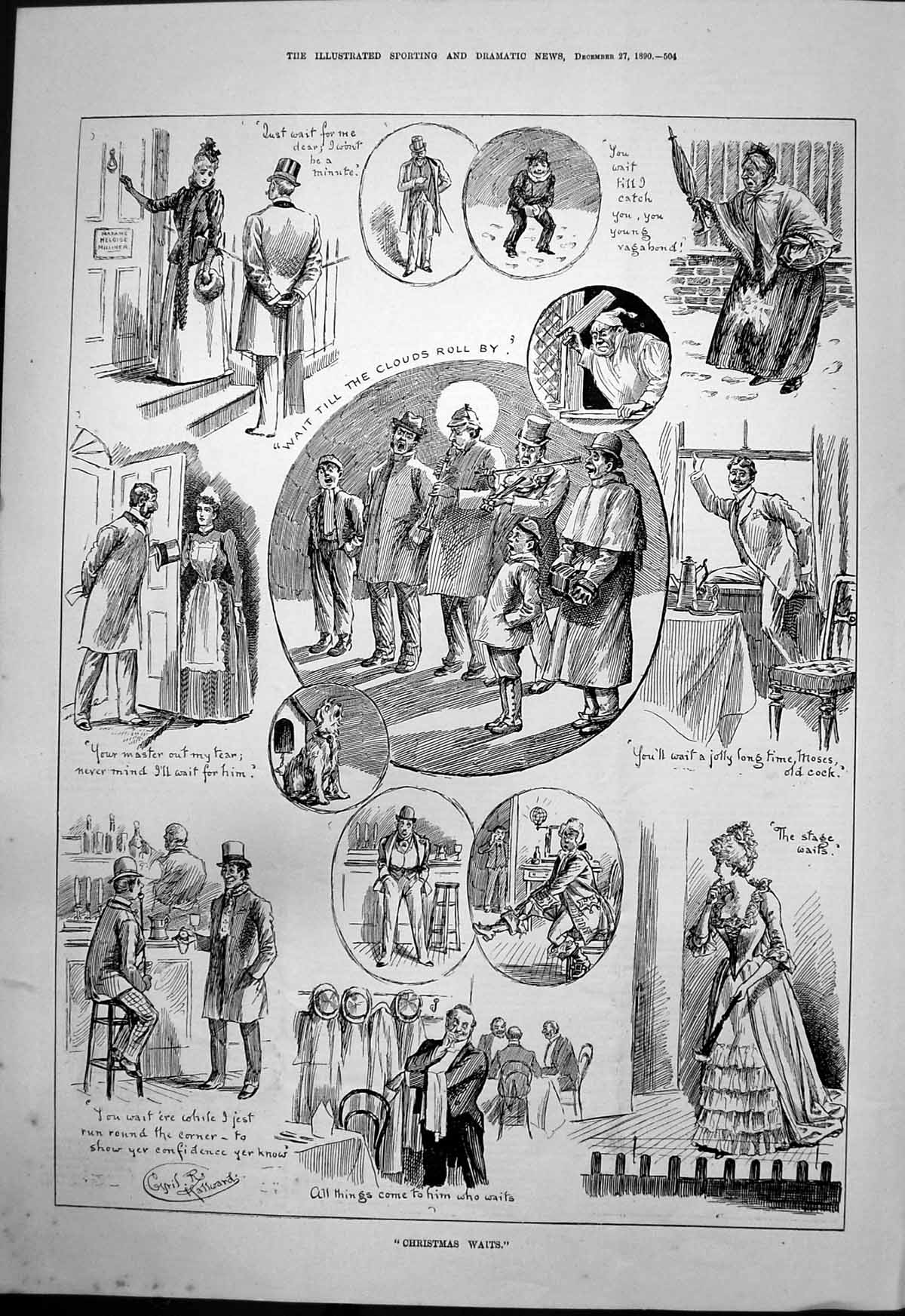 Antique Print Christmas Waits Cyril Hallward Stage Waits Carol Singers 1890