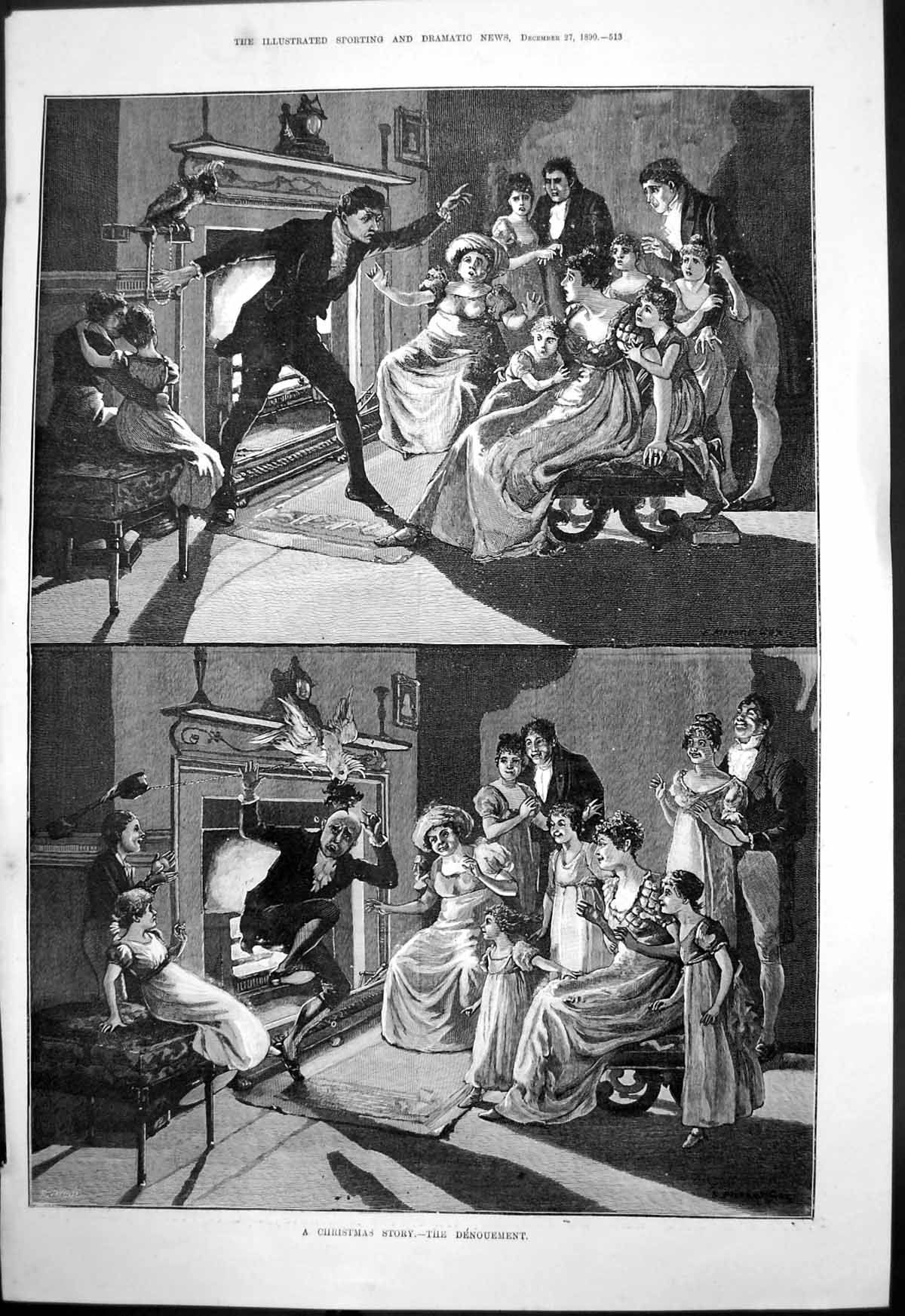 Old Print Christmas Story Denouement Man Attacked Parrot Drawing Room1890 19th