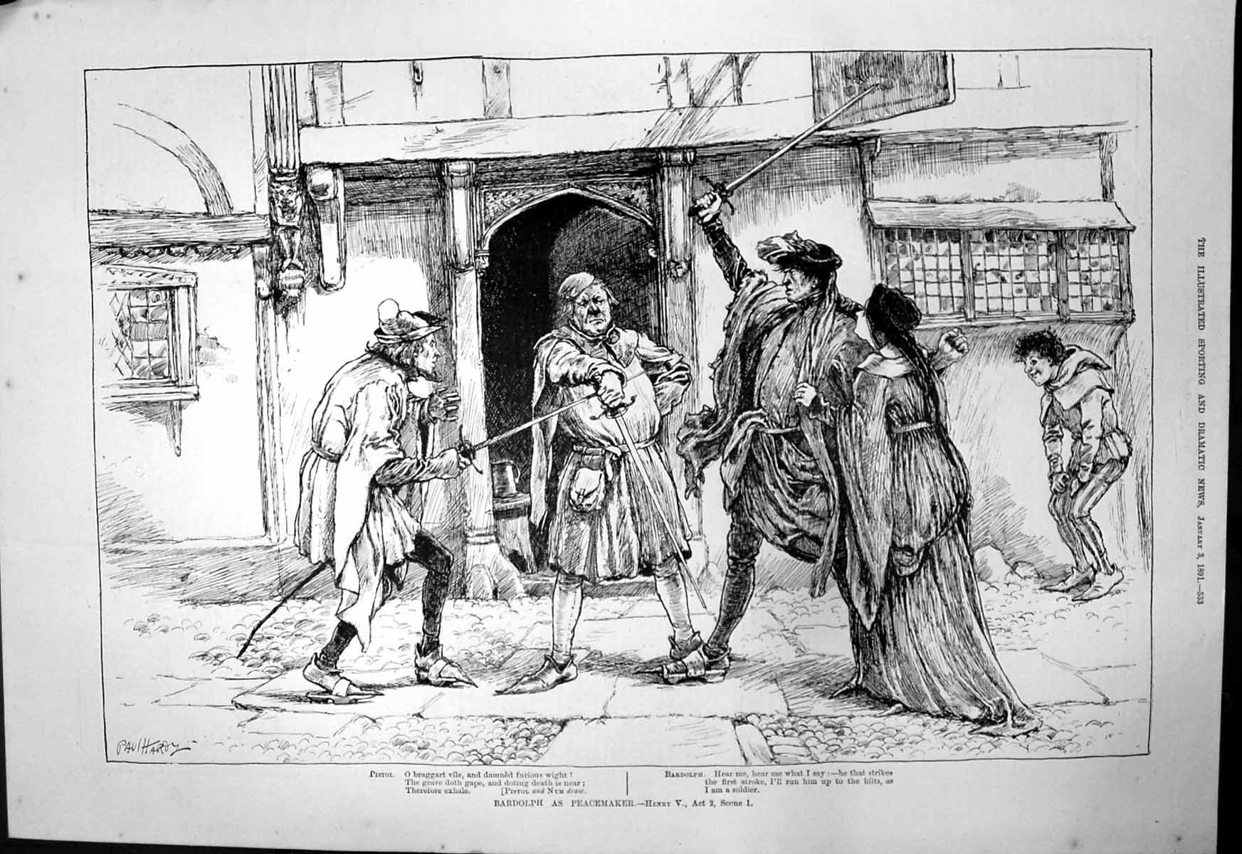 Antique Old Print Bardolph As Peacemaker Paul Hardy Pistol Henry V Act1891