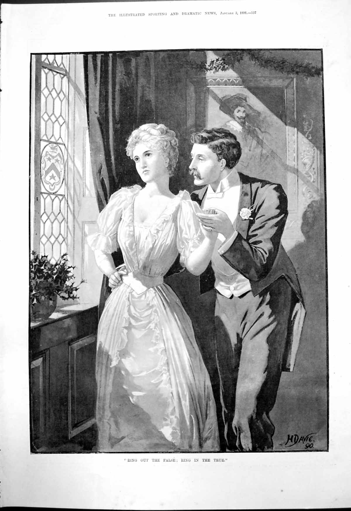 Old Antique Print Ring Out False Ring In True H Davie Couple Window 1891 19th
