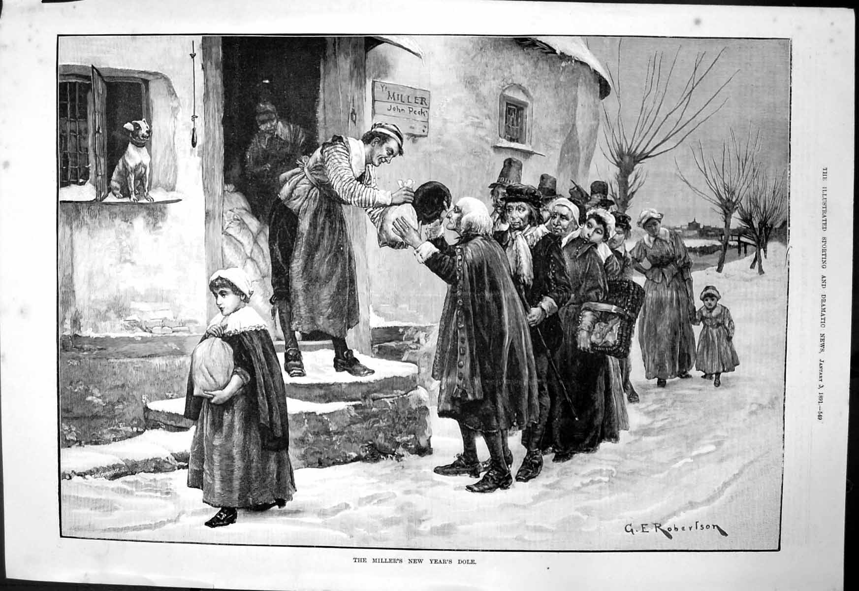 Old Print Millers New Years Dole Ge Robertson Handing Out Bags Snow 1891 19th