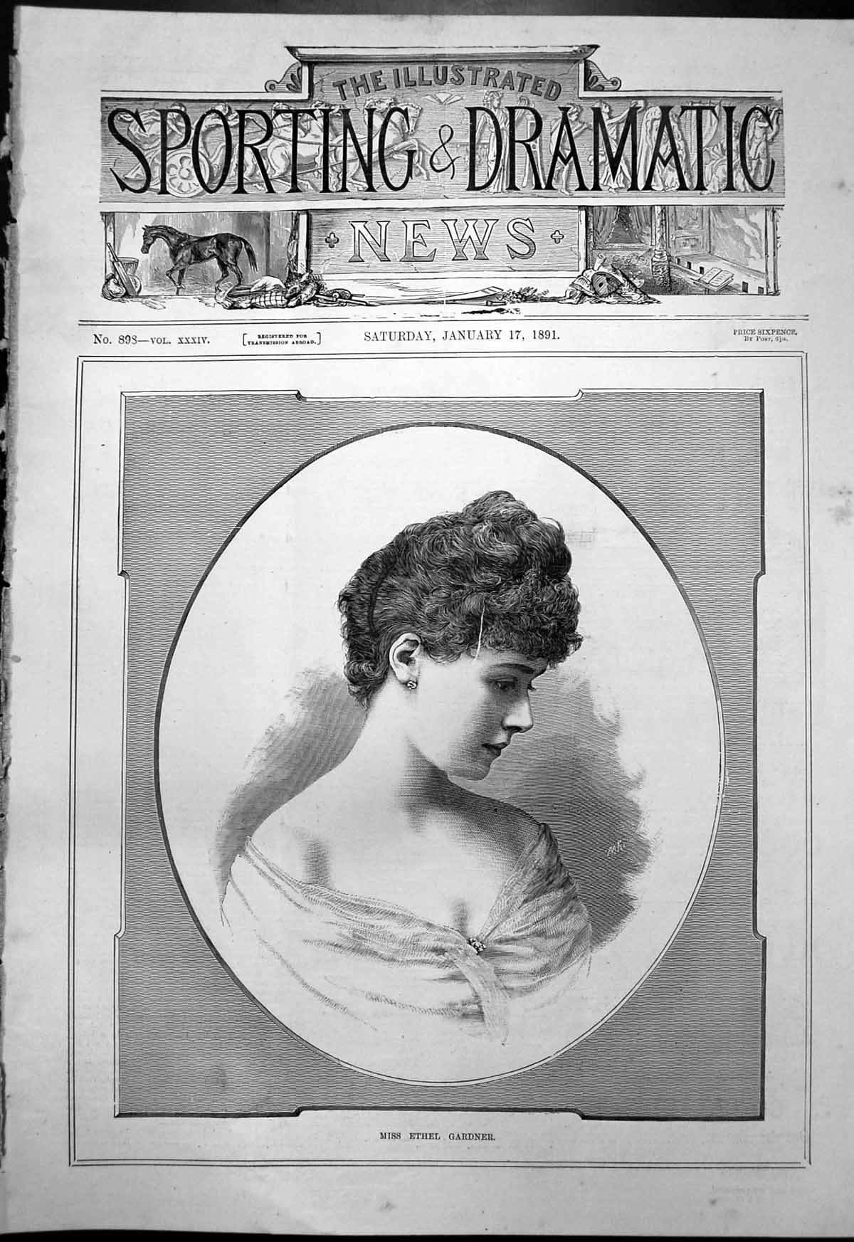 Original Old Antique Print Portrait Miss Ethel Gardner 1891 19th