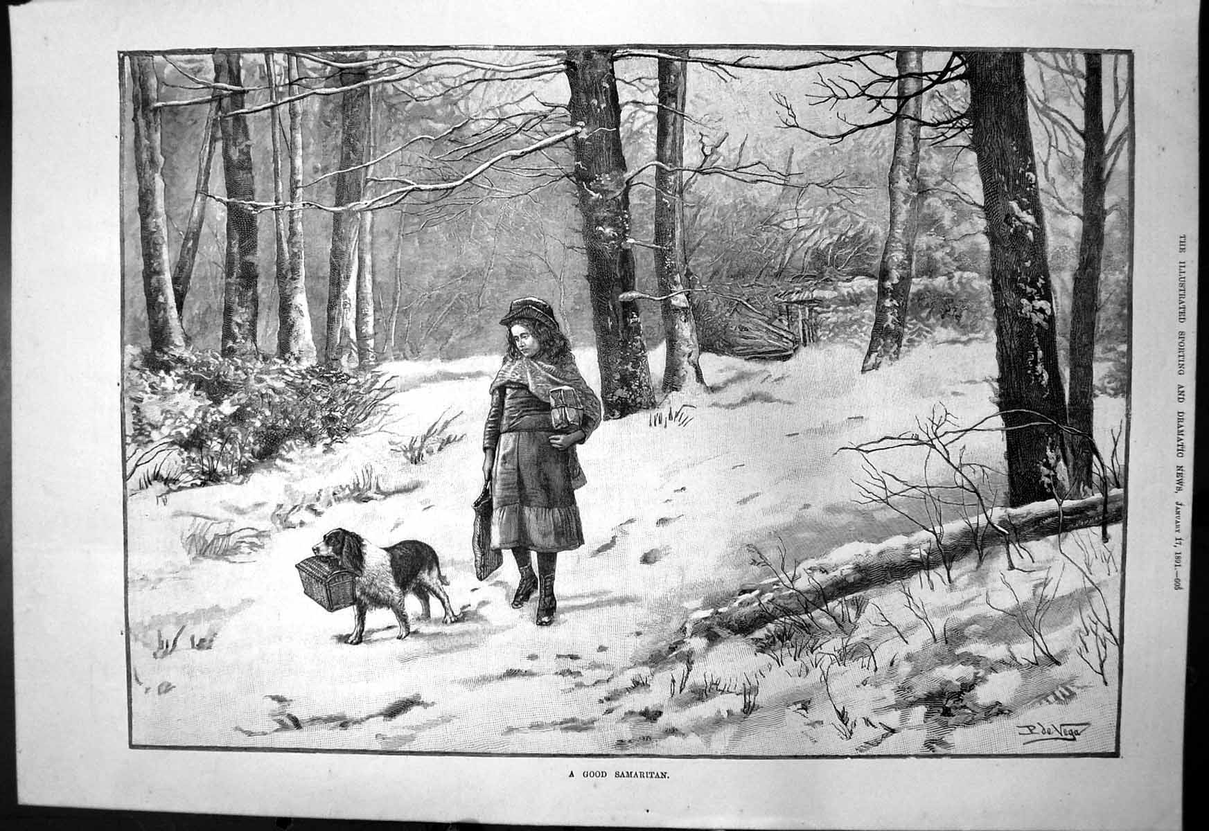 Old Good Samaritan R De Vega Dog Carrying Basket Girl Snow Woods 1891 Victorian