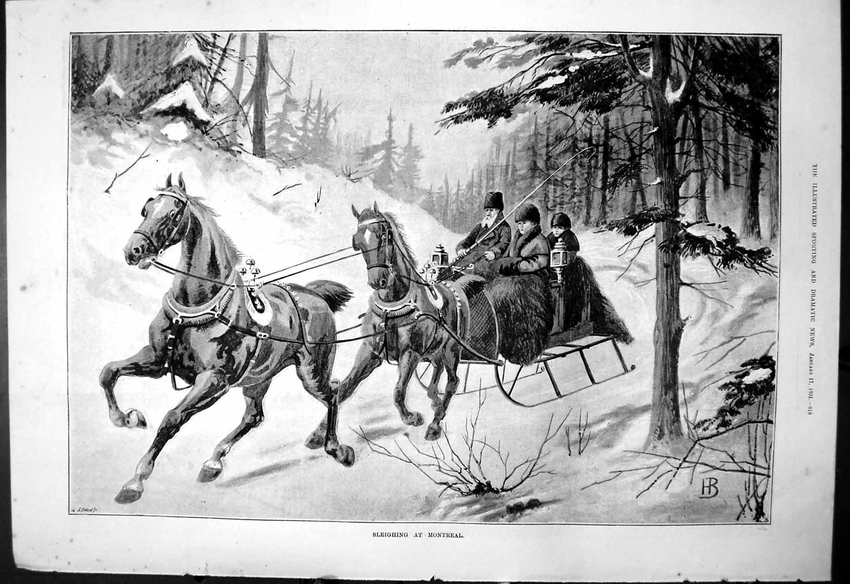 Antique Old Print Sleighing Montreal Ice Wimbledon Park Curling Hockey 1891