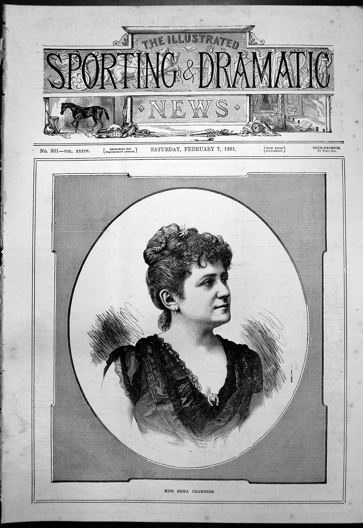 Original Old Antique Print Portrait Miss Emma Chambers 1891 19th