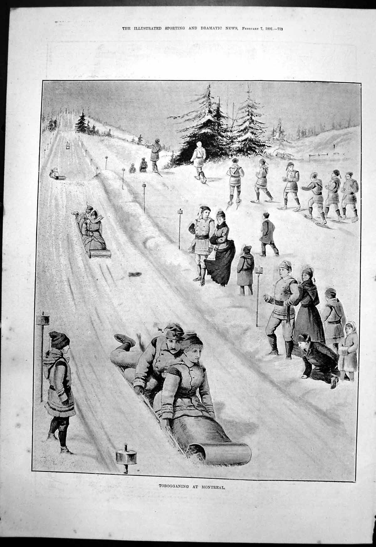 Old Antique Print Tobogganing Montreal Families Enjoying Snow Sports 1891 19th