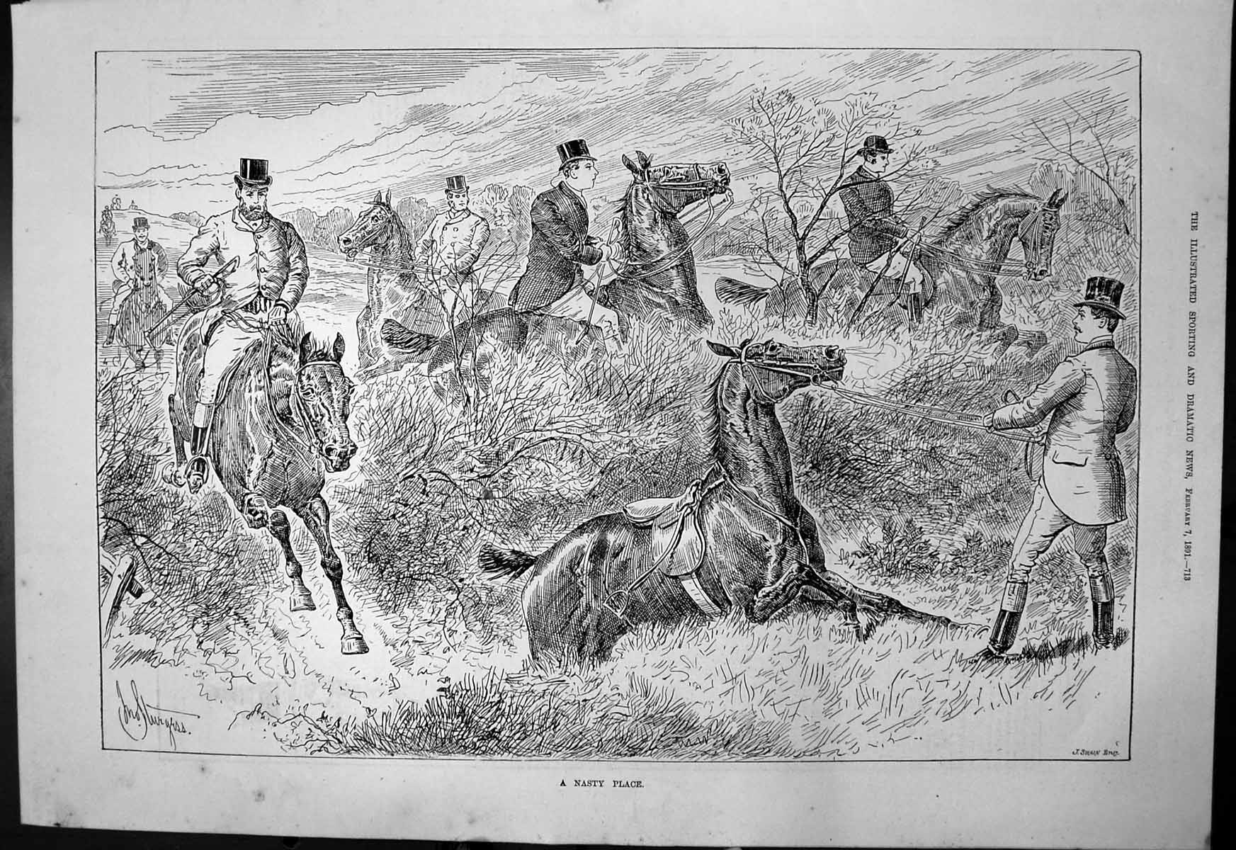 Antique Old Print Nasty Place J Sturgess Horse Fallen Ditch Beside Hedge 1891