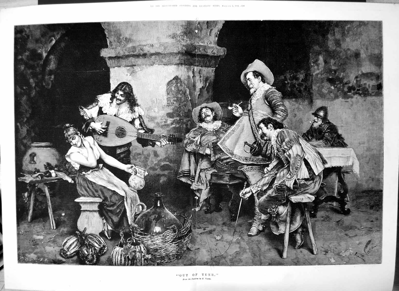Antique Print Out Tune Painting F Vinra Lady Kitchen Man Playing Banjo 1891