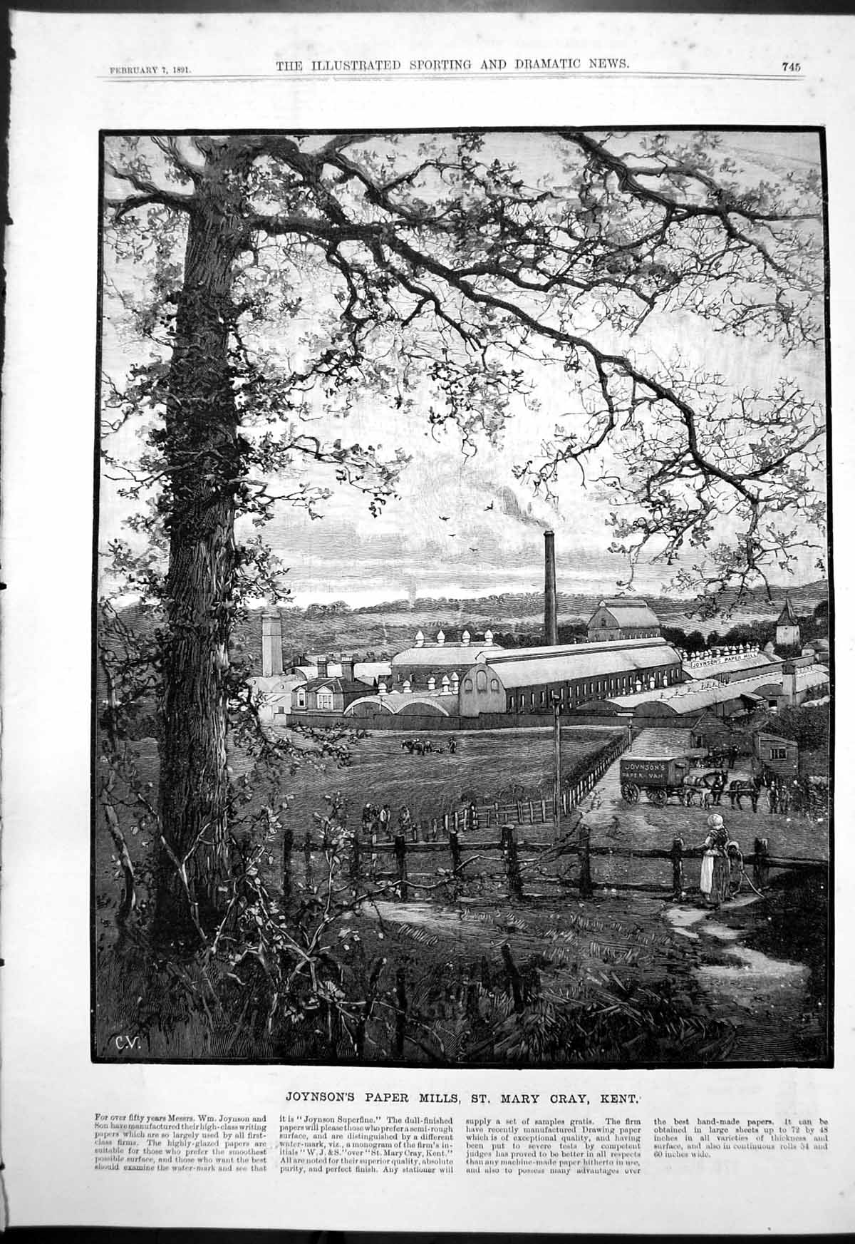 Original Old Antique Print Joysons Paper Mills St Mary Cray Kent 1891 Victorian