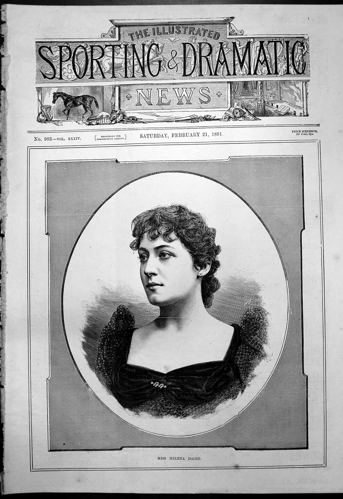 Original Old Antique Print Portrait Miss Helena Dacre 1891 19th