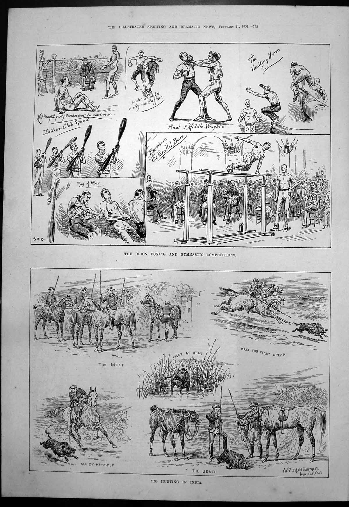 Antique Old Print Pig Hunting India Orion Boxing Gymnastic Competitions 1891