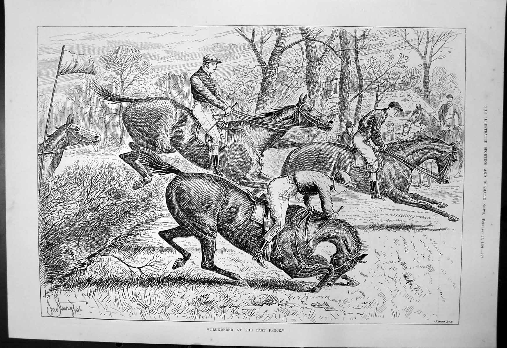 Original Old Antique Print Blundered At Last Fence J Sturgess Horse Falls 1891