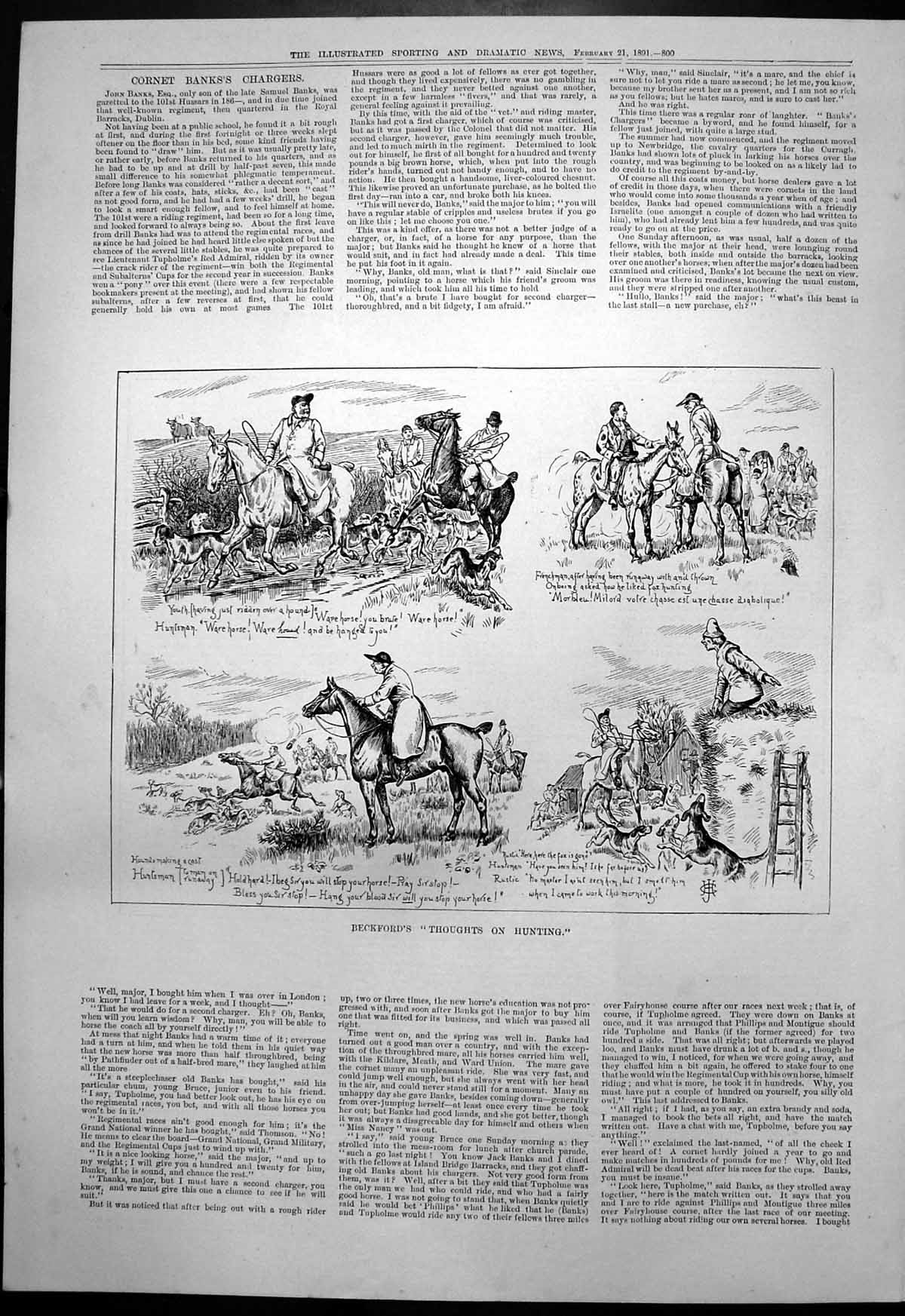 Antique Old Print Beckfords Thoughts On Hunting Huntsman Rustic Hounds 1891