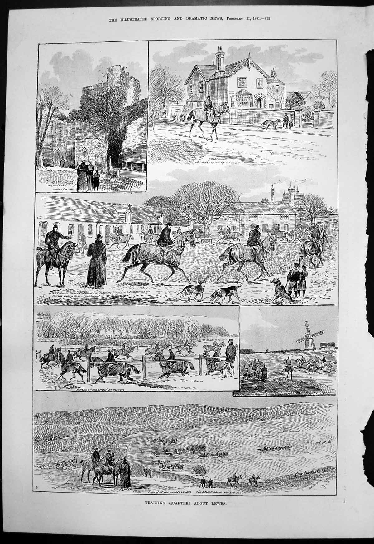 Antique Print Training Quarters About Lewes Gallop Downs Astley House 1891 19th