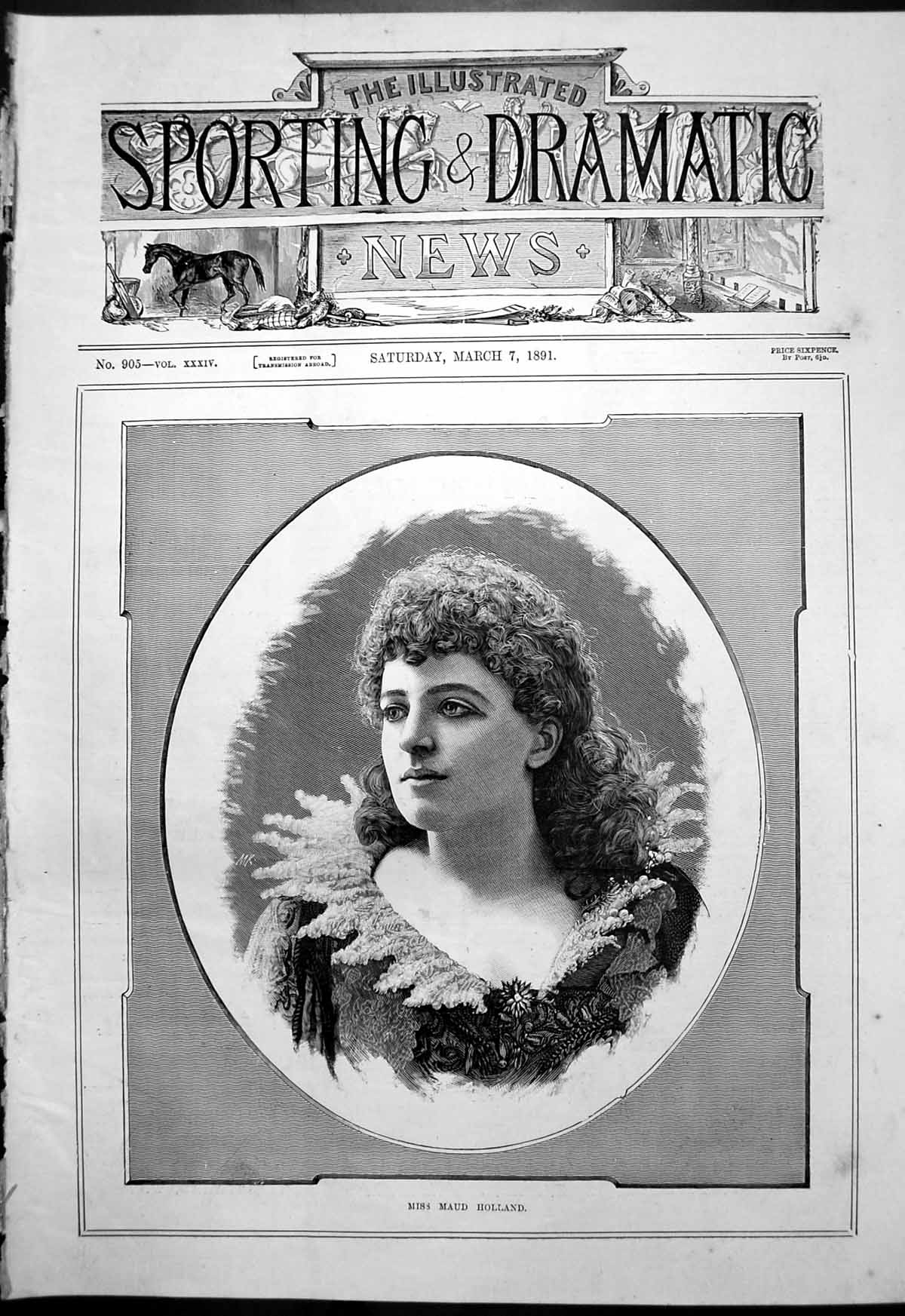 Original Old Antique Print Portrait Miss Maud Holland 1891 19th