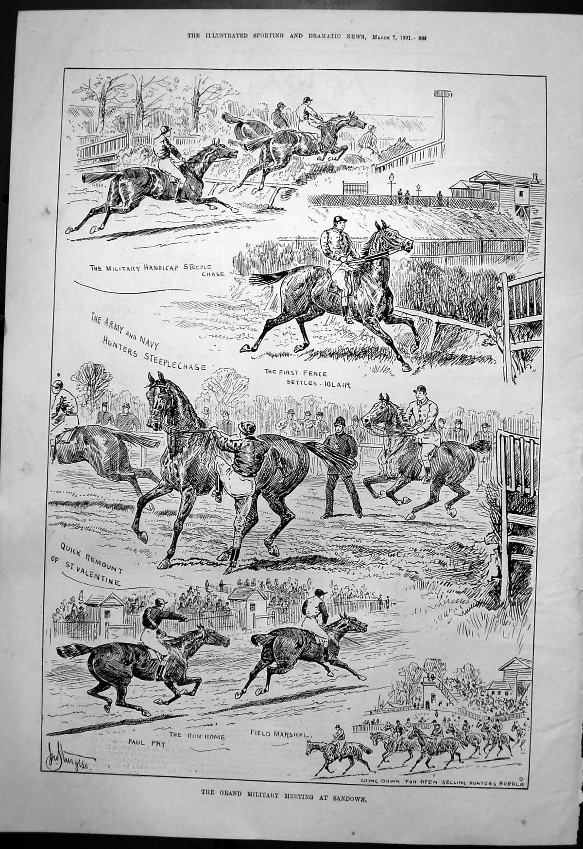 Antique Old Print Grand Military Meeting Sandown Army Navy Steeplechase 1891