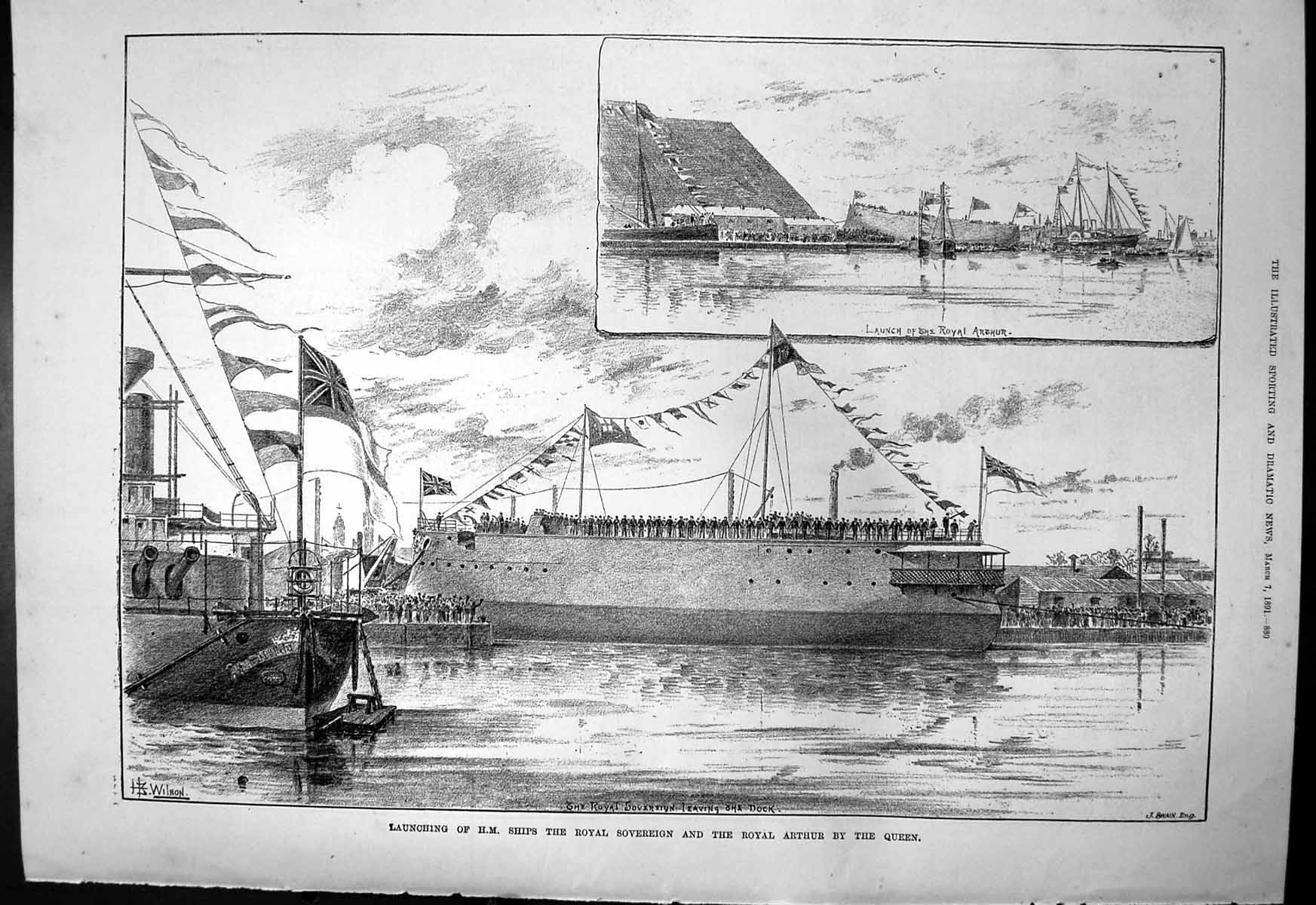 Antique Print Launching Hm Ships Royal Sovereign Royal Arthur By Queen 1891