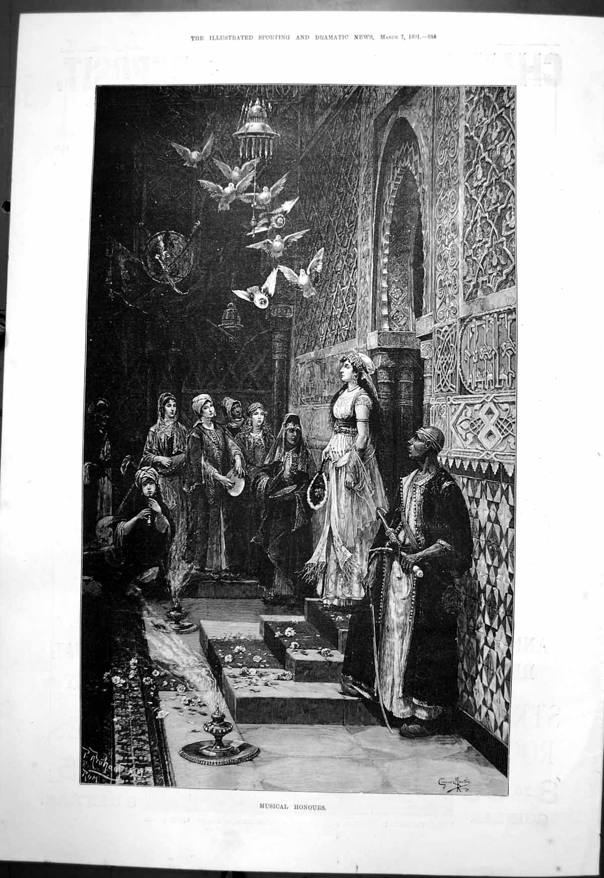 Old Print Musical Honours Simone Martin Playing Musical Instruments 1891 19th
