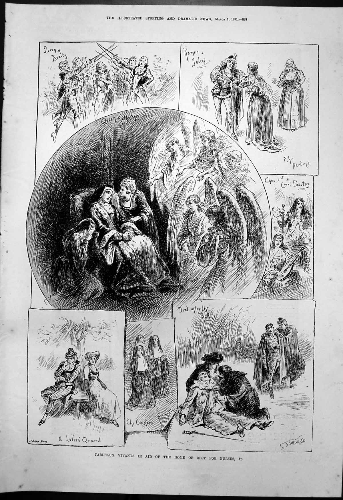 Antique Print Tableaux Vivants In Aid Home Rest Nurses Queen Katherine 1891
