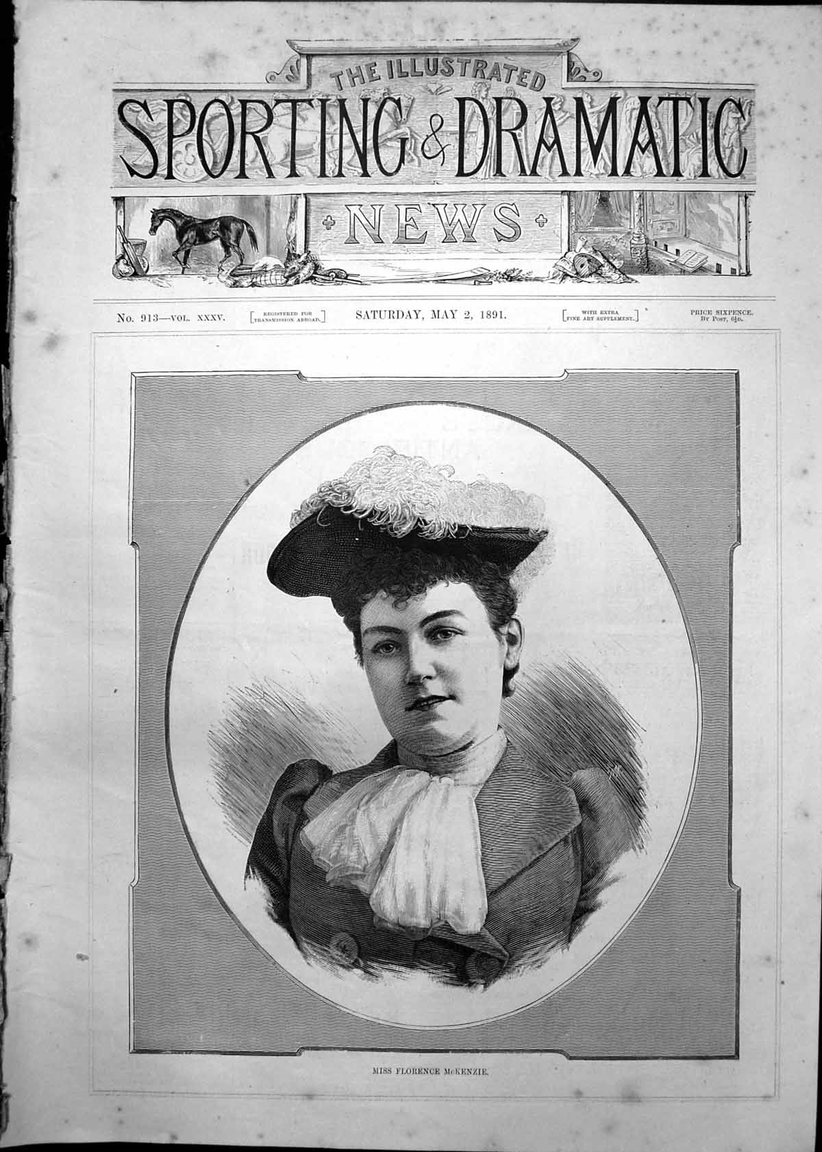 Original Old Antique Print Portrait Miss Florence Mckenzie Lady Hat Scarf 1891