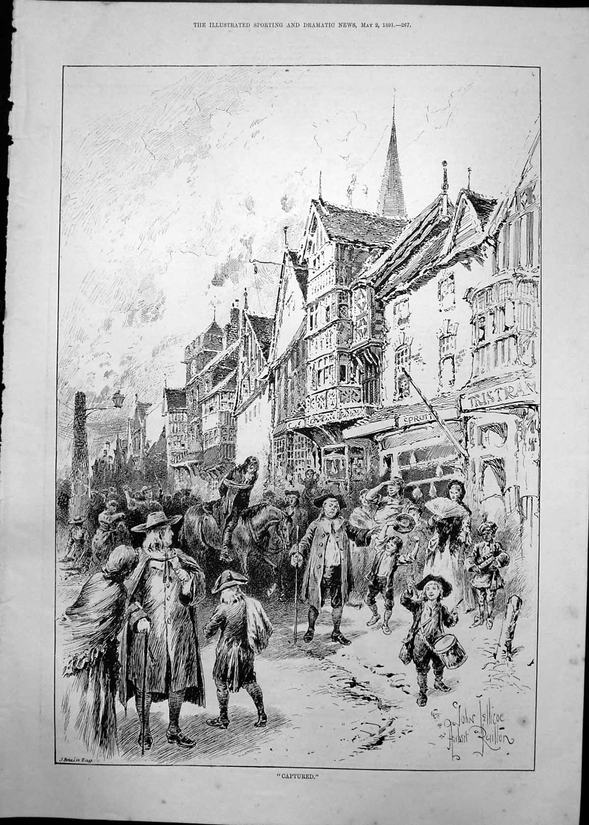 Old Print Captured J Swain Scene Town Man Tied Up Horseback Children 1891 19th