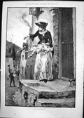 Antique Old Print May Day Century Ago G E Robertson Lady Door Flowers 1891 19th